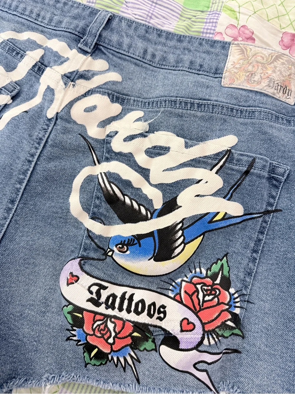 Ed Hardy Born Free Blue Bird Tattoo Graphic Cutoff Jean Shorts 18W
